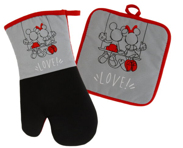 Disney Kitchen Neoprene Oven Mitt and Potholder Set with Hanging Loop - Non-Slip Heat Resistant Kitchen Accessories with Premium Insulation Ideal for Handling Hot Kitchenware - Mickey and Minnie Swing
