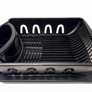 Heavy Duty Large Black Plastic Sink Set With Dish Rack With Drainer & Drainboard, Snap Lock Tab Cup Holders for Home Kitchen Sink Organizer Made in USA